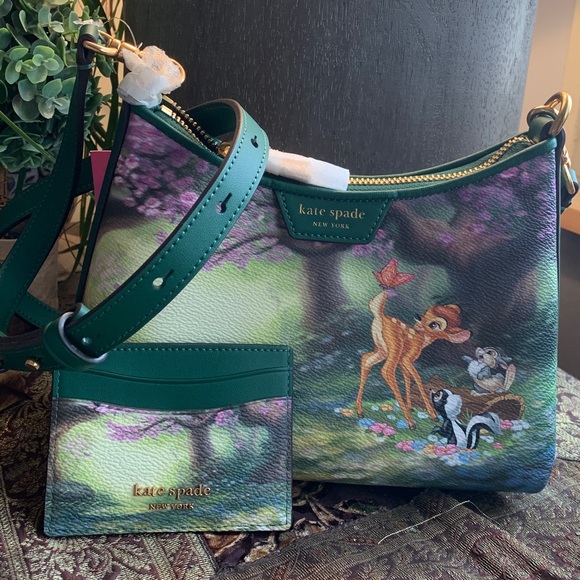 RARE🔥Authentic KATE SPADE Italian leather/coated canvas BAMBI DISNEY zip CROSBY - Picture 2 of 16